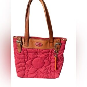 Fossil Key Per Tote Quilted Nylon Leather Trim Floral Red Shoulder Bag Key Charm